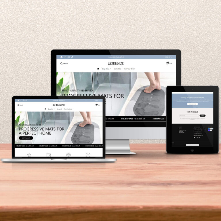 Modrnizd online store shown on laptop, tablet and phone